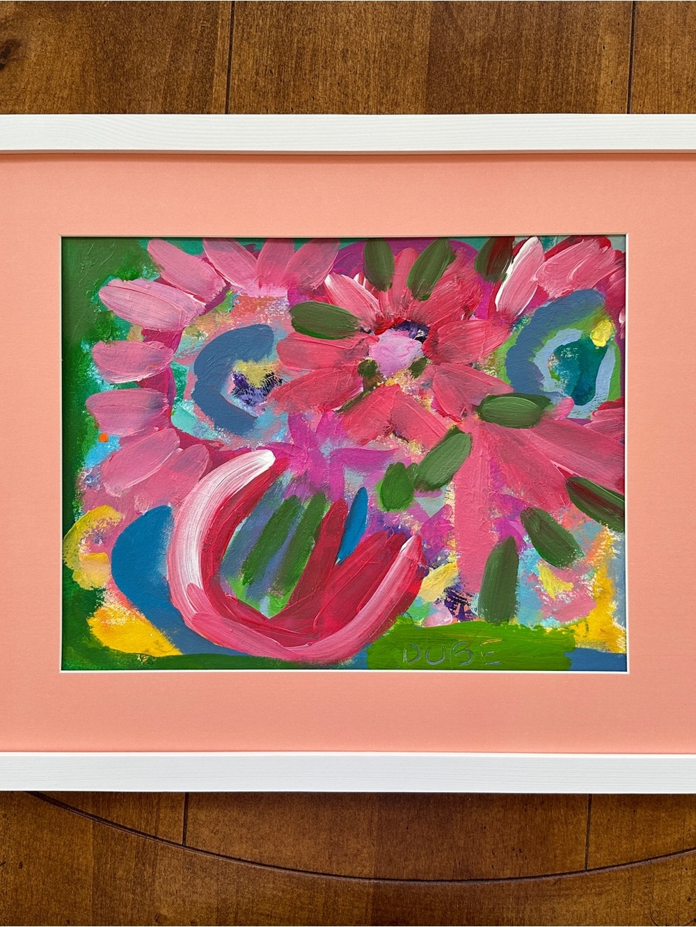 Original Hand Crafted Pink and Green Floral Abstract Painting 9x12" Paper